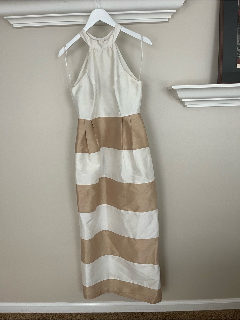 Sleeveless Ivory and Tan Stripe Halter Maxi Dress
